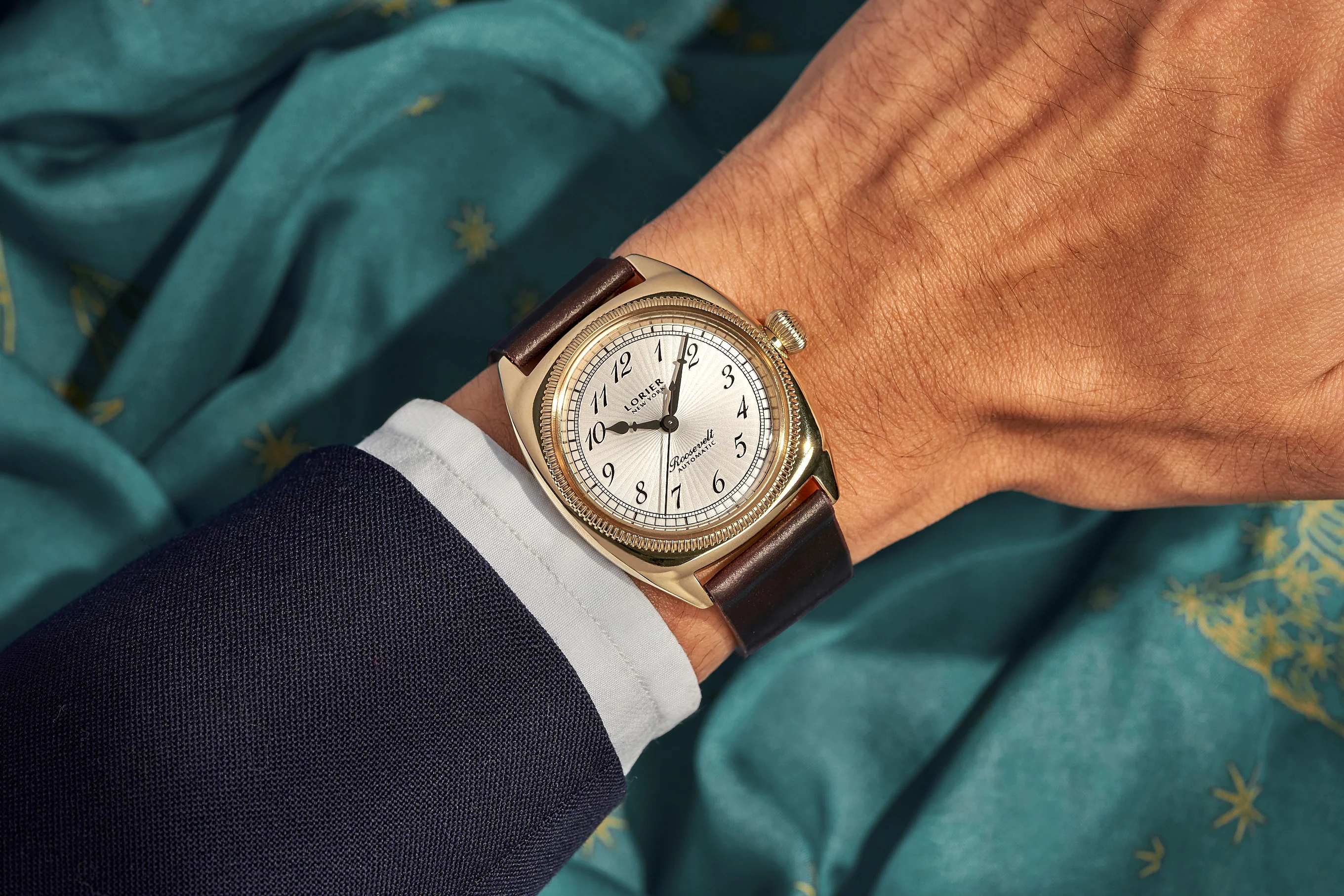 The Lorier watch worn on someone's wrist